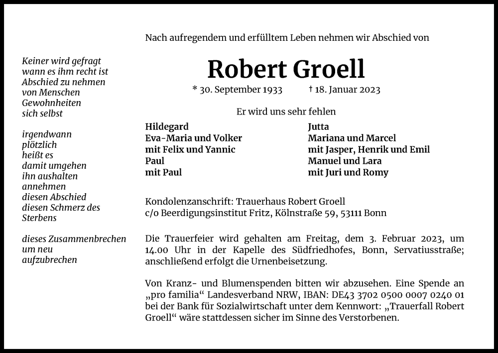  Traueranzeige für Robert Groell vom 28.01.2023 aus Kölner Stadt-Anzeiger / Kölnische Rundschau / Express