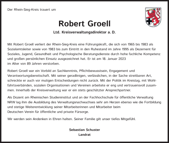 Anzeige von Robert Groell von Kölner Stadt-Anzeiger / Kölnische Rundschau / Express