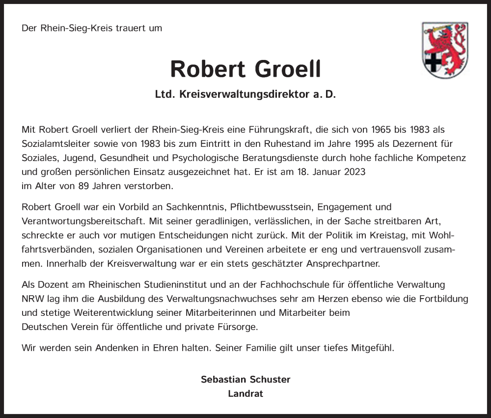  Traueranzeige für Robert Groell vom 28.01.2023 aus Kölner Stadt-Anzeiger / Kölnische Rundschau / Express
