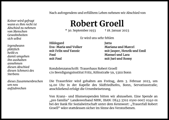 Anzeige von Robert Groell von Kölner Stadt-Anzeiger / Kölnische Rundschau / Express