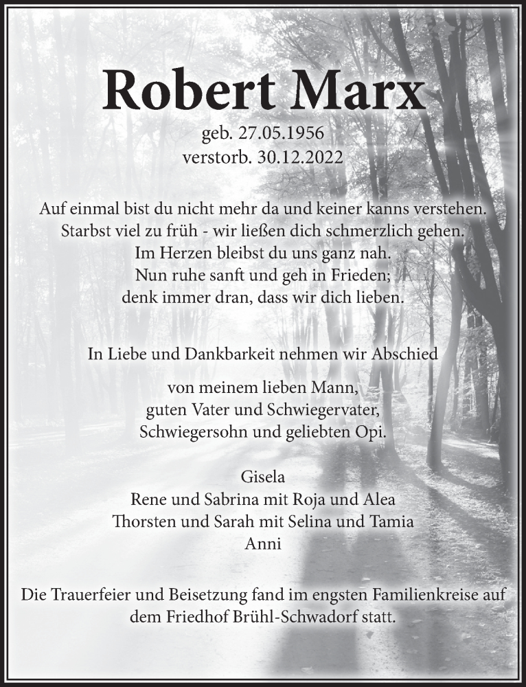  Traueranzeige für Robert Marx vom 20.01.2023 aus  Schlossbote/Werbekurier 