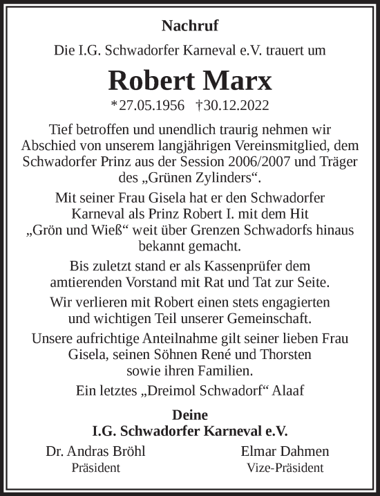 Anzeige von Robert Marx von  Schlossbote/Werbekurier 