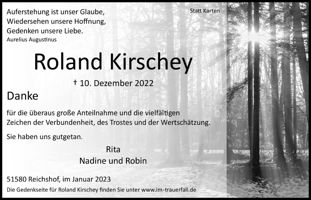  Traueranzeige für Roland Kirschey vom 13.01.2023 aus  Lokalanzeiger 