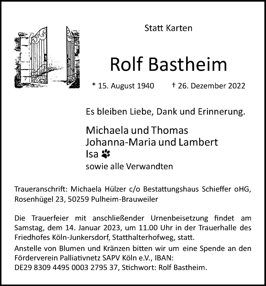  Traueranzeige für Rolf Bastheim vom 07.01.2023 aus Kölner Stadt-Anzeiger / Kölnische Rundschau / Express