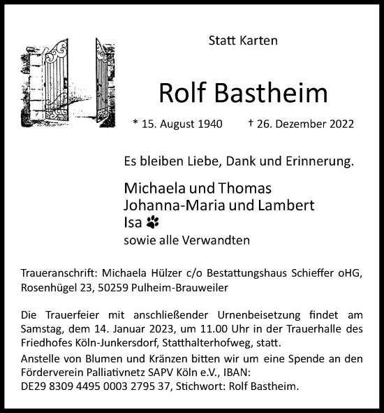Anzeige von Rolf Bastheim von Kölner Stadt-Anzeiger / Kölnische Rundschau / Express