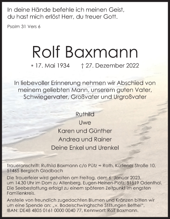 Anzeige von Rolf Baxmann von Kölner Stadt-Anzeiger / Kölnische Rundschau / Express