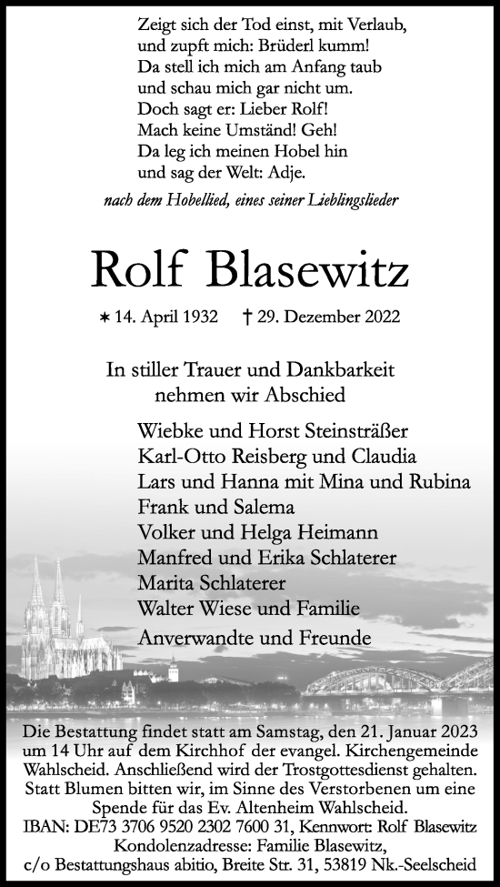 Anzeige von Rolf Blasewitz von Kölner Stadt-Anzeiger / Kölnische Rundschau / Express
