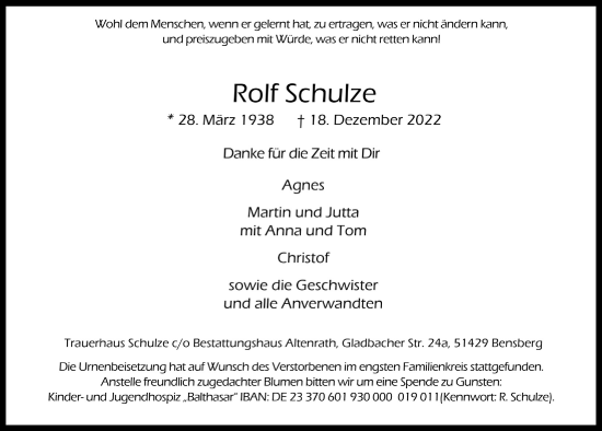 Anzeige von Rolf Schulze von  Bergisches Handelsblatt 
