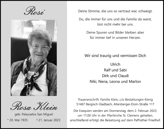 Anzeige von Rosa Klein von  Bergisches Handelsblatt 