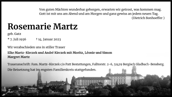 Anzeige von Rosemarie Martz von Kölner Stadt-Anzeiger / Kölnische Rundschau / Express