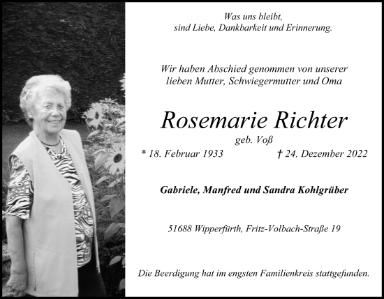 Anzeige von Rosemarie Richter von Kölner Stadt-Anzeiger / Kölnische Rundschau / Express