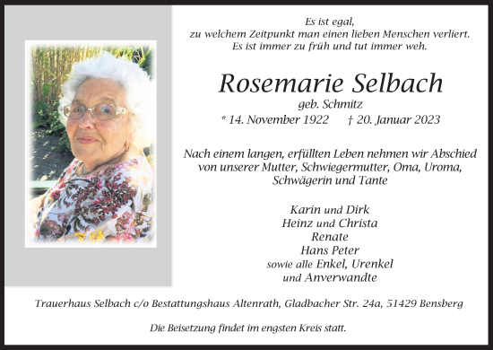 Anzeige von Rosemarie Selbach von Kölner Stadt-Anzeiger / Kölnische Rundschau / Express