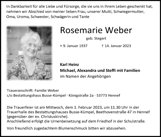 Anzeige von Rosemarie Weber von Kölner Stadt-Anzeiger / Kölnische Rundschau / Express