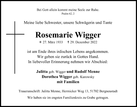 Anzeige von Rosemarie Wigger von Kölner Stadt-Anzeiger / Kölnische Rundschau / Express
