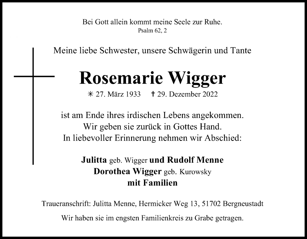  Traueranzeige für Rosemarie Wigger vom 14.01.2023 aus Kölner Stadt-Anzeiger / Kölnische Rundschau / Express