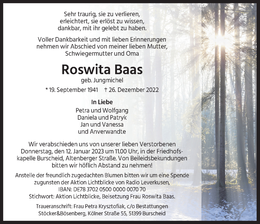  Traueranzeige für Roswita Baas vom 31.12.2022 aus Kölner Stadt-Anzeiger / Kölnische Rundschau / Express