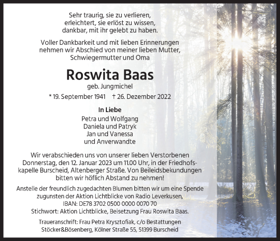 Anzeige von Roswita Baas von Kölner Stadt-Anzeiger / Kölnische Rundschau / Express