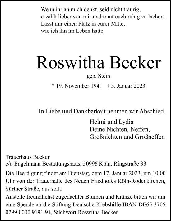 Anzeige von Roswitha Becker von Kölner Stadt-Anzeiger / Kölnische Rundschau / Express