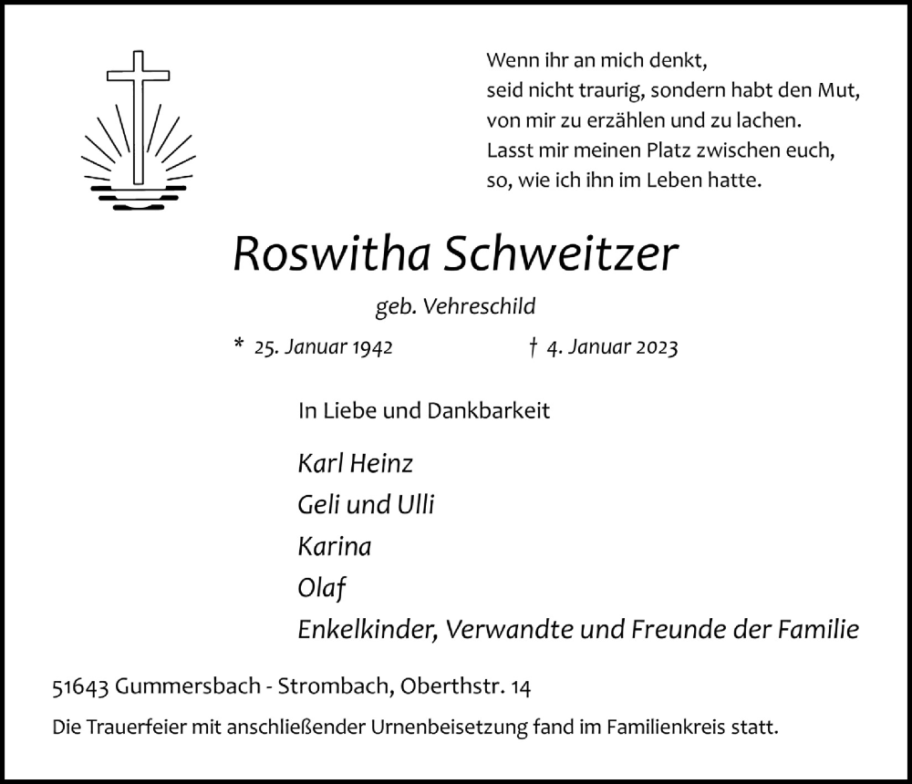  Traueranzeige für Roswitha Schweitzer vom 20.01.2023 aus  Anzeigen Echo 