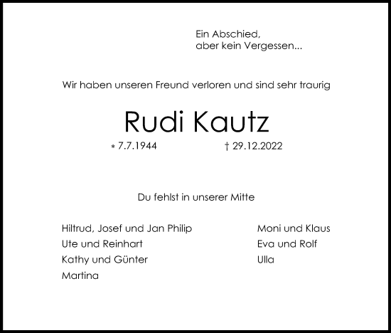 Anzeige von Rudi Kautz von Kölner Stadt-Anzeiger / Kölnische Rundschau / Express