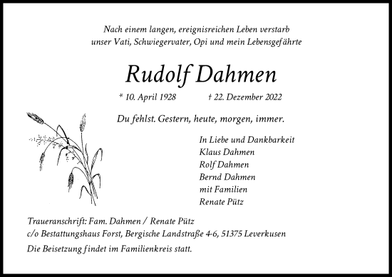 Anzeige von Rudolf Dahmen von Kölner Stadt-Anzeiger / Kölnische Rundschau / Express