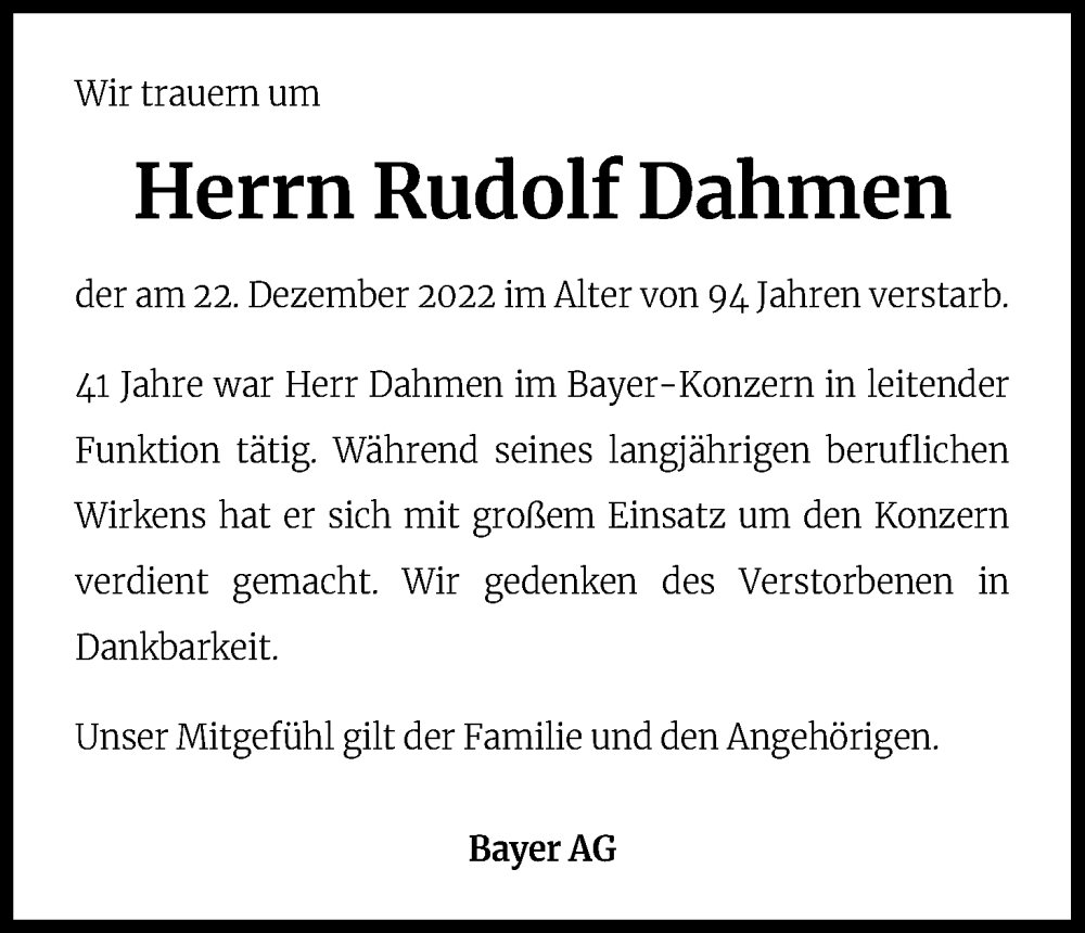  Traueranzeige für Rudolf Dahmen vom 13.01.2023 aus Kölner Stadt-Anzeiger / Kölnische Rundschau / Express