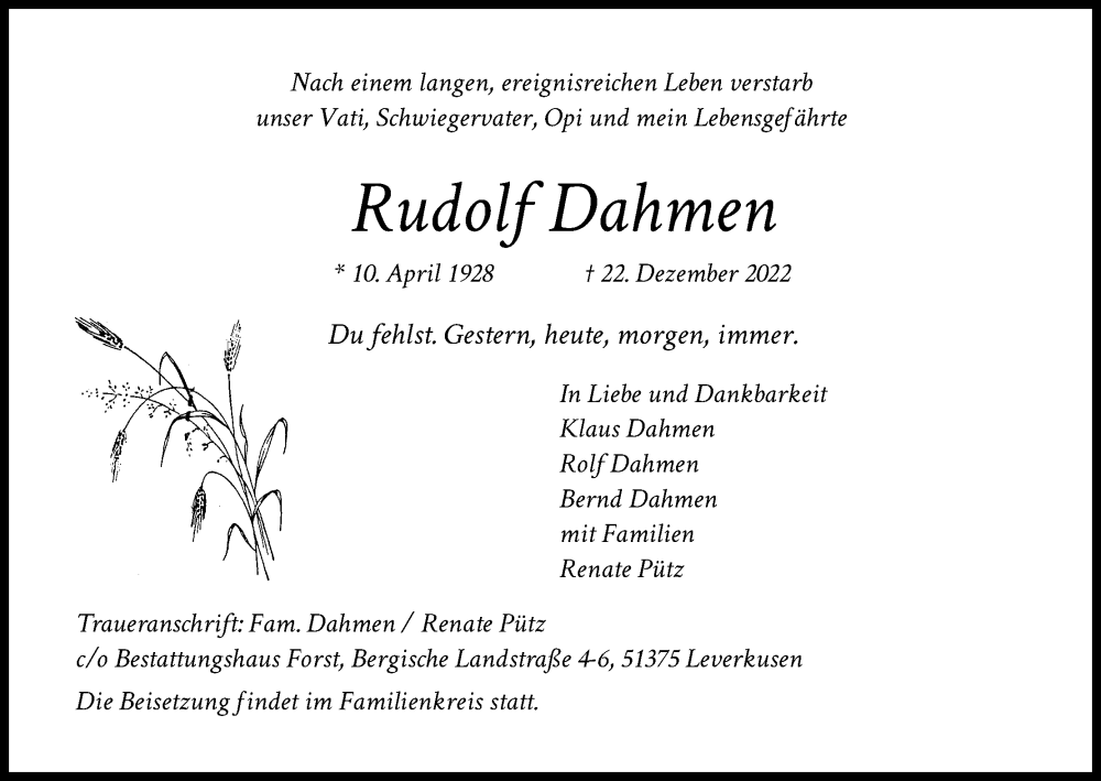  Traueranzeige für Rudolf Dahmen vom 07.01.2023 aus Kölner Stadt-Anzeiger / Kölnische Rundschau / Express