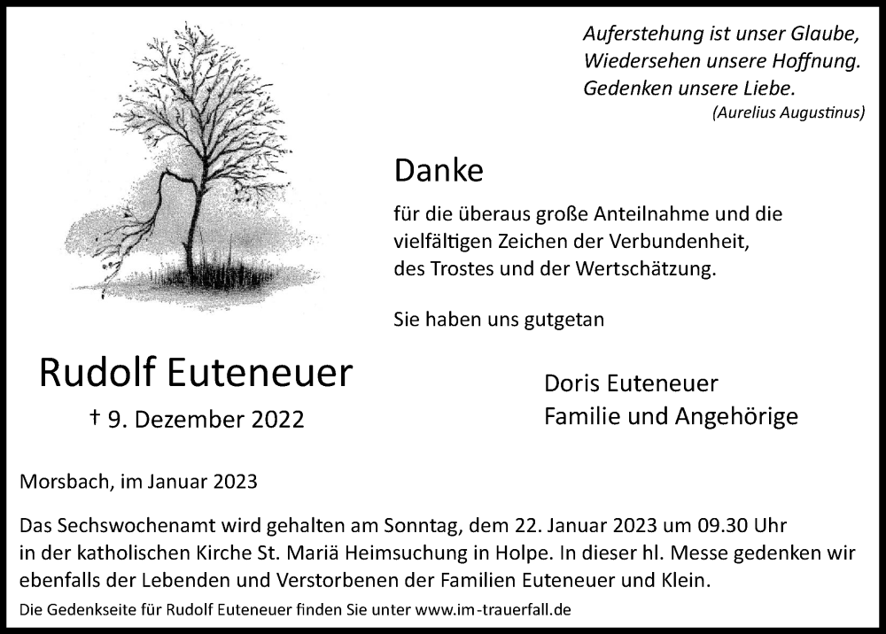  Traueranzeige für Rudolf Euteneuer vom 13.01.2023 aus  Lokalanzeiger 