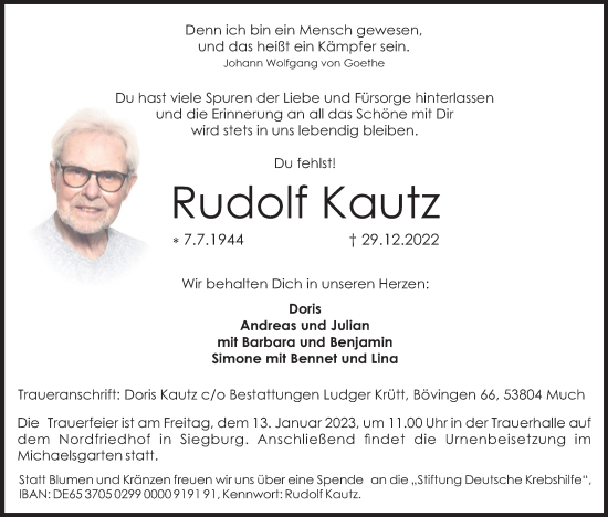 Anzeige von Rudolf Kautz von Kölner Stadt-Anzeiger / Kölnische Rundschau / Express