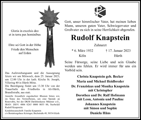 Anzeige von Rudolf Knapstein von Kölner Stadt-Anzeiger / Kölnische Rundschau / Express
