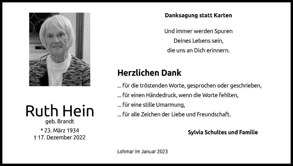  Traueranzeige für Ruth Hein vom 28.01.2023 aus Kölner Stadt-Anzeiger / Kölnische Rundschau / Express
