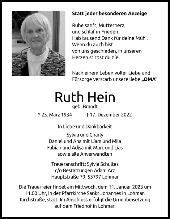 Anzeige von Ruth Hein von Kölner Stadt-Anzeiger / Kölnische Rundschau / Express