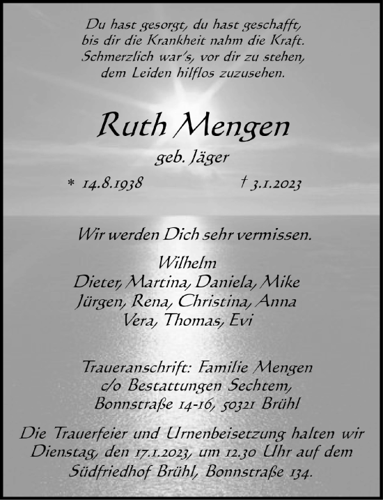 Anzeige von Ruth Mengen von  Schlossbote/Werbekurier 