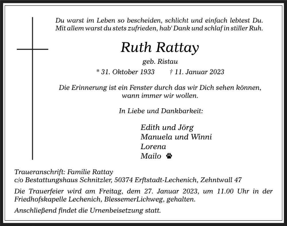 Traueranzeige für Ruth Rattay vom 20.01.2023 aus  Werbepost 