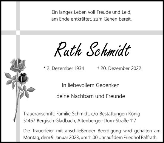 Anzeige von Ruth Schmidt von  Bergisches Handelsblatt 