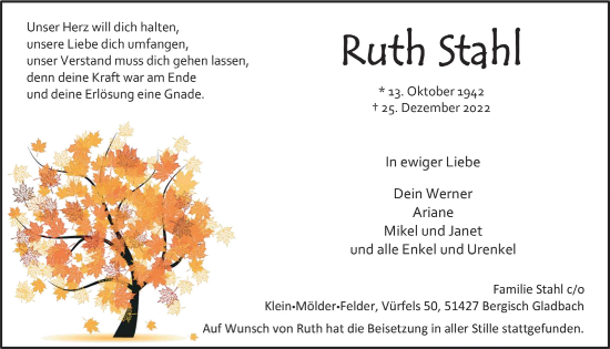 Anzeige von Ruth Stahl von  Bergisches Handelsblatt 