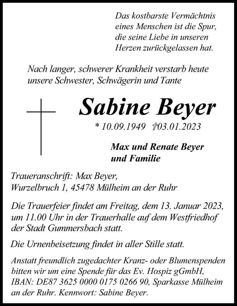  Traueranzeige für Sabine Beyer vom 07.01.2023 aus Kölner Stadt-Anzeiger / Kölnische Rundschau / Express
