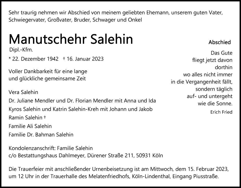  Traueranzeige für Salehin Manutschehr vom 28.01.2023 aus Kölner Stadt-Anzeiger / Kölnische Rundschau / Express