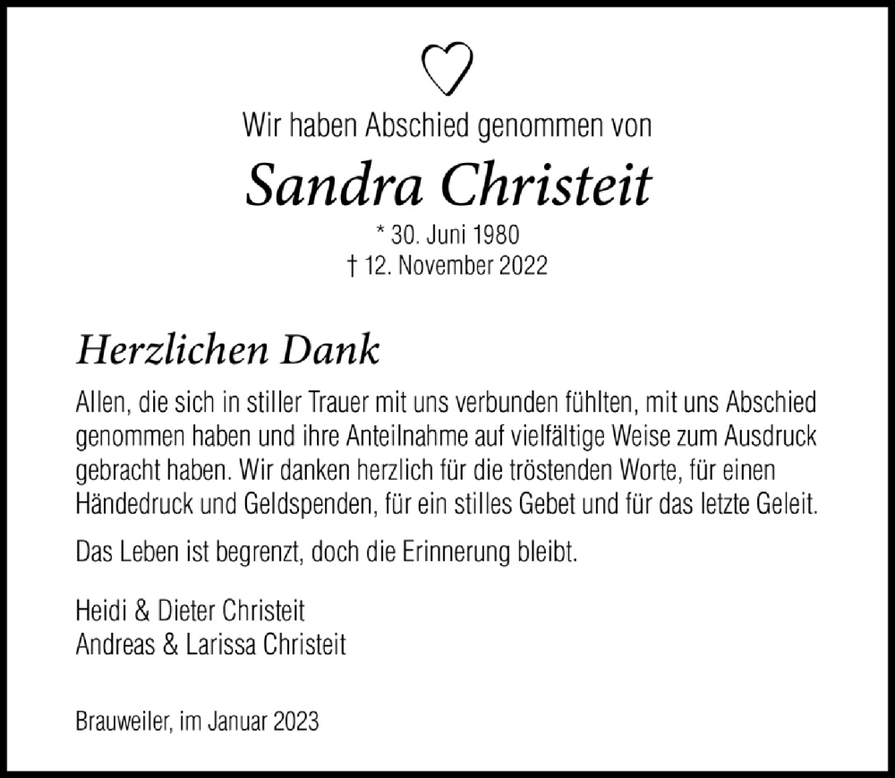  Traueranzeige für Sandra Christeit vom 06.01.2023 aus  Wochenende  Werbepost 