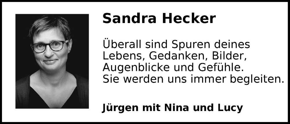  Traueranzeige für Sandra Hecker vom 28.01.2023 aus Kölner Stadt-Anzeiger / Kölnische Rundschau / Express