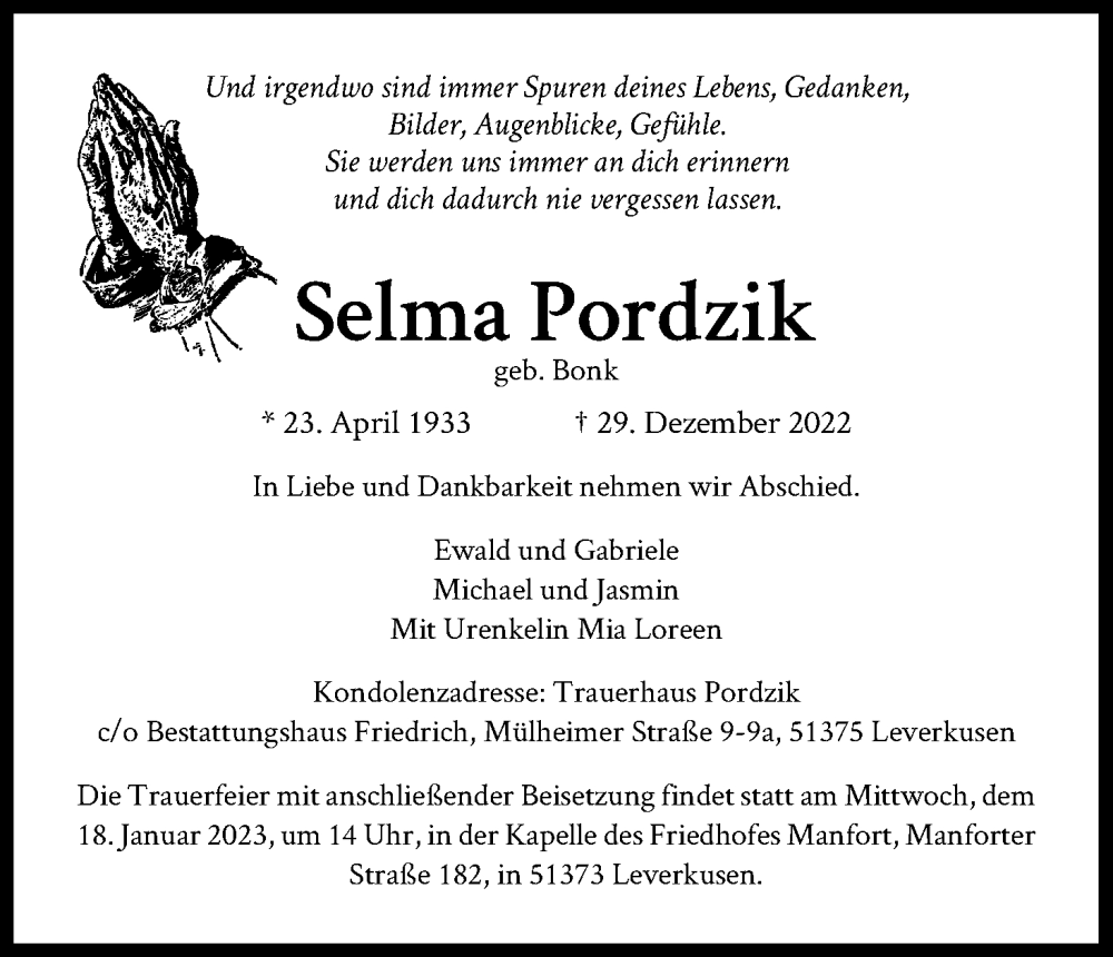  Traueranzeige für Selma Pordzik vom 14.01.2023 aus Kölner Stadt-Anzeiger / Kölnische Rundschau / Express