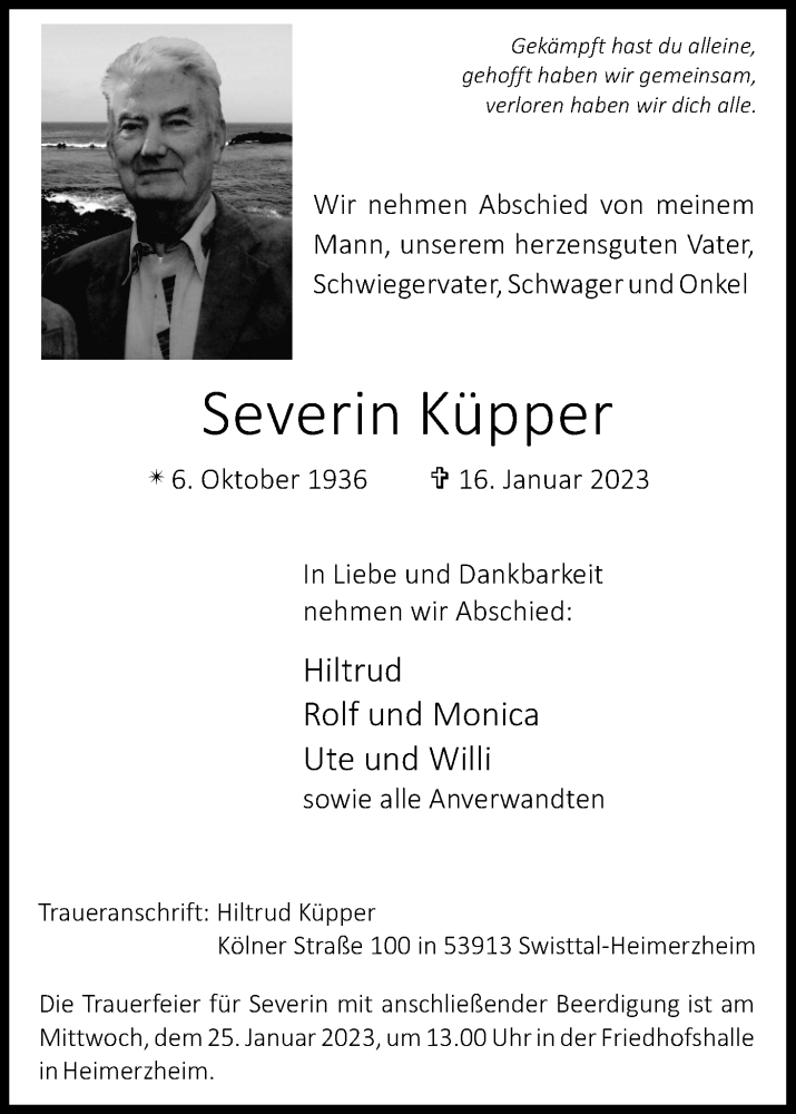  Traueranzeige für Severin Küpper vom 21.01.2023 aus Kölner Stadt-Anzeiger / Kölnische Rundschau / Express