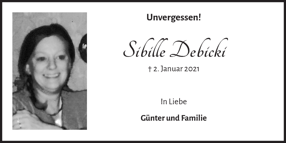  Traueranzeige für Sibille Debicki vom 06.01.2023 aus  Werbepost 