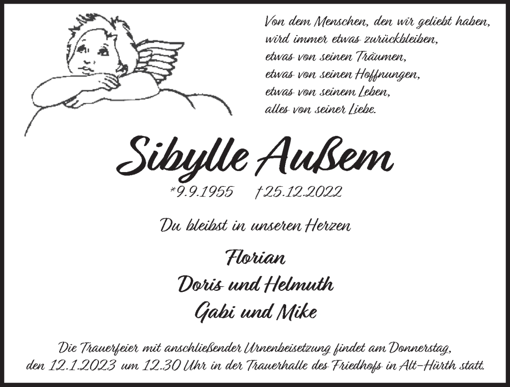  Traueranzeige für Sibylle Außem vom 06.01.2023 aus  Wochenende 