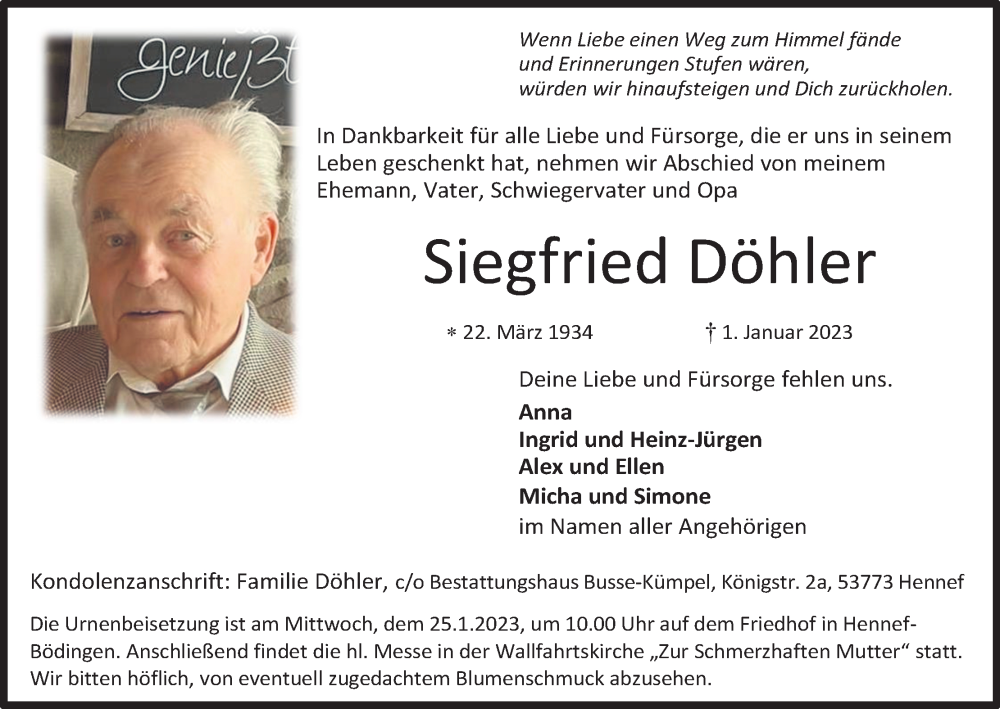  Traueranzeige für Siegfried Döhler vom 07.01.2023 aus Kölner Stadt-Anzeiger / Kölnische Rundschau / Express