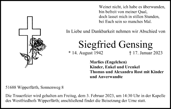 Anzeige von Siegfried Gensing von Kölner Stadt-Anzeiger / Kölnische Rundschau / Express