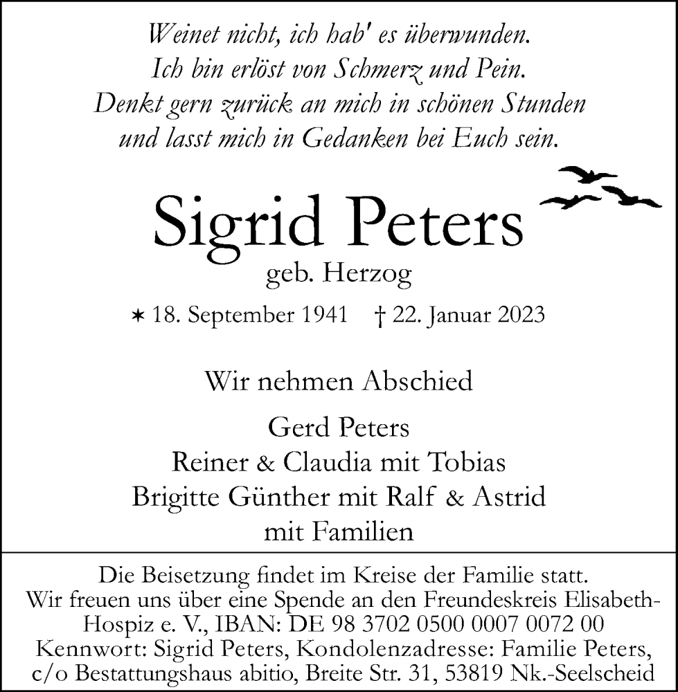  Traueranzeige für Sigrid Peters vom 28.01.2023 aus Kölner Stadt-Anzeiger / Kölnische Rundschau / Express