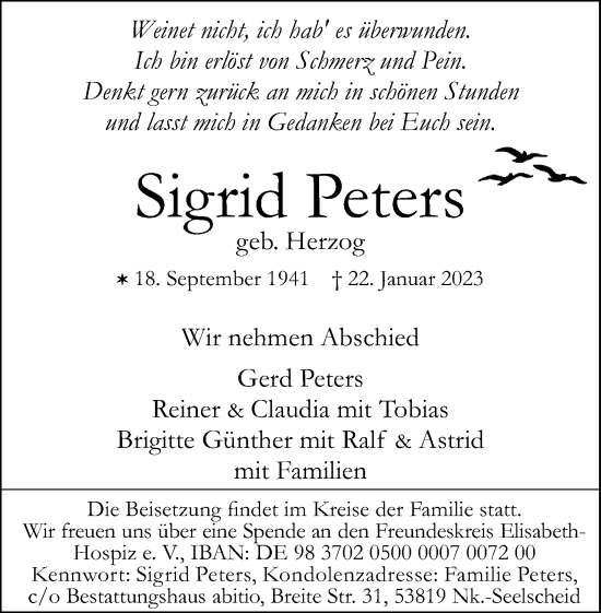 Anzeige von Sigrid Peters von Kölner Stadt-Anzeiger / Kölnische Rundschau / Express