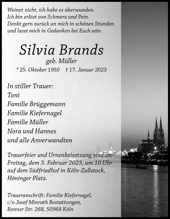 Anzeige von Silvia Brands von Kölner Stadt-Anzeiger / Kölnische Rundschau / Express