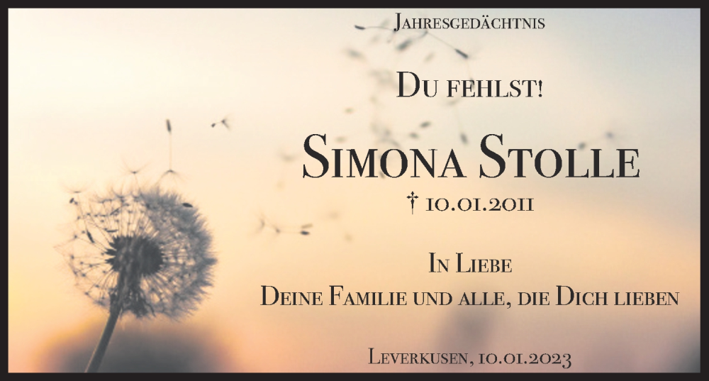  Traueranzeige für Simona Stolle vom 10.01.2023 aus Kölner Stadt-Anzeiger / Kölnische Rundschau / Express